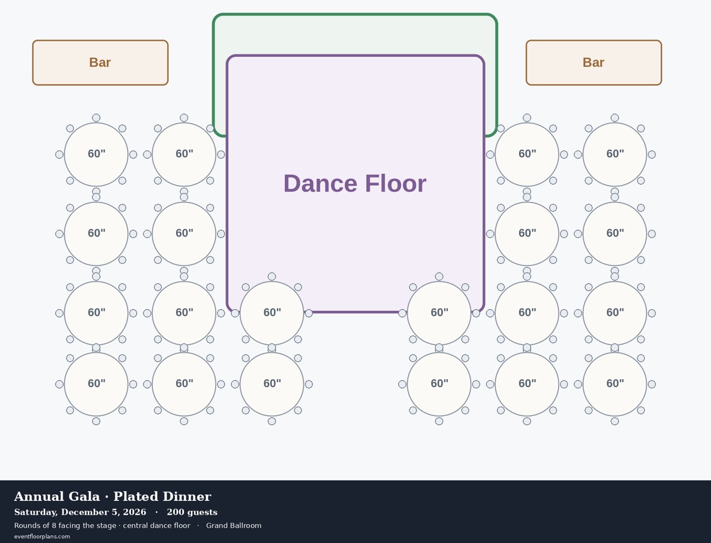 Gala plated dinner floor plan, ballroom of round tables