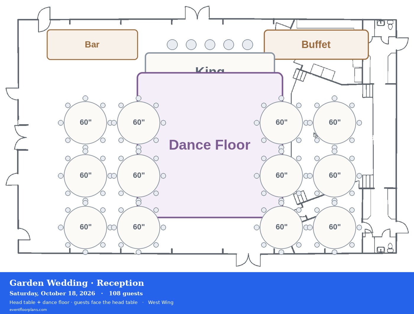 Wedding reception floor plan with round tables and dance floor